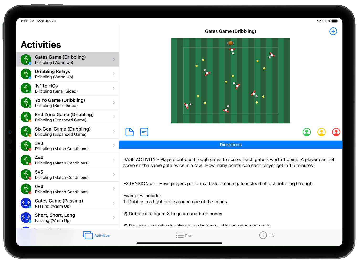 Essential Soccer Activities iPad screenshot showing an activity list and field diagram